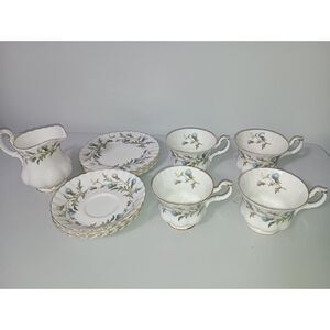 ROYAL ALBERT Vintage Brigadoon Bone China Trio Set Cup, Saucer, Plate & Milk Jug